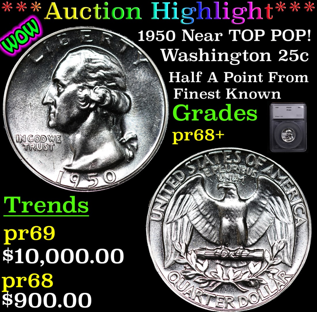 Proof ***Auction Highlight*** 1950 Washington Quarter Near TOP POP! 25c Graded pr68+ BY SEGS (fc) (1 of 5)