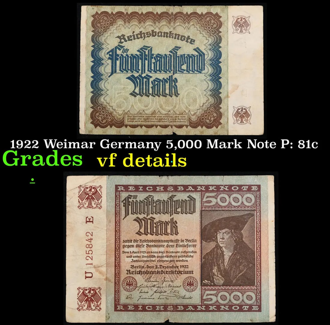 1922 Weimar Germany 5,000 Mark Note P: 81c Grades vf details (1 of 3)