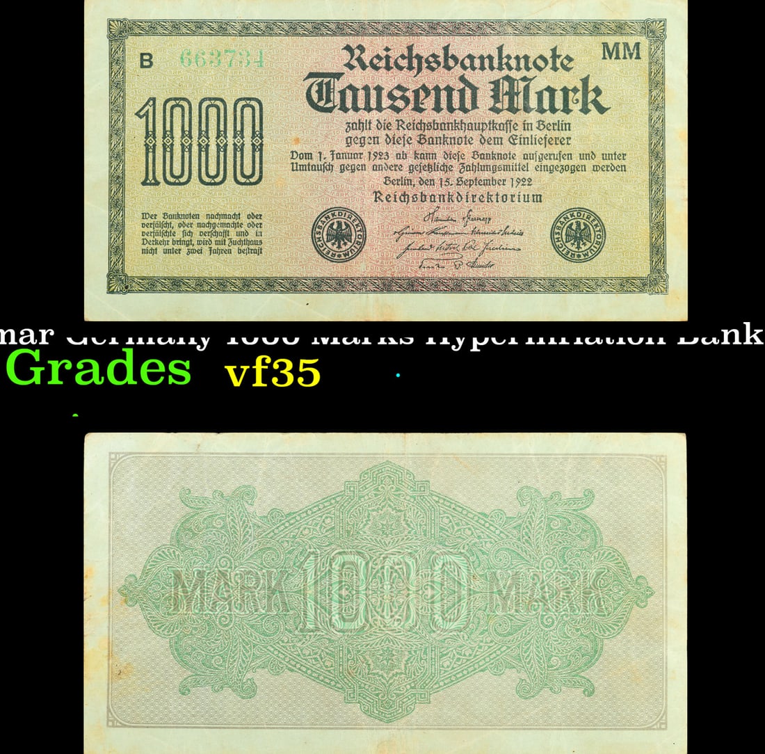 1922 Weimar Germany 1000 Marks Hyperinflation Banknote P# 76g vf++ (1 of 3)