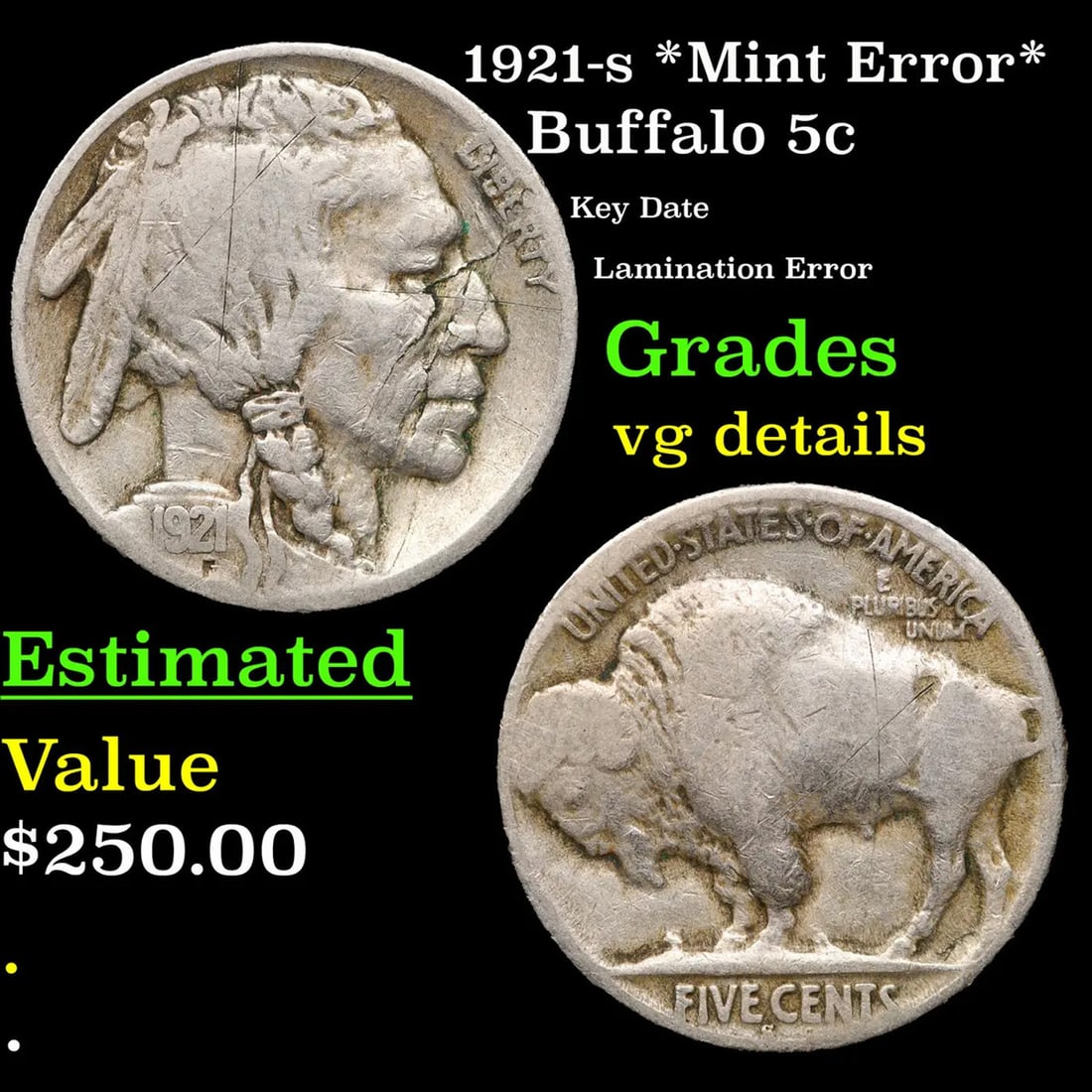 1921-s Buffalo Nickel *Mint Error* 5c Grades vg details (1 of 3)