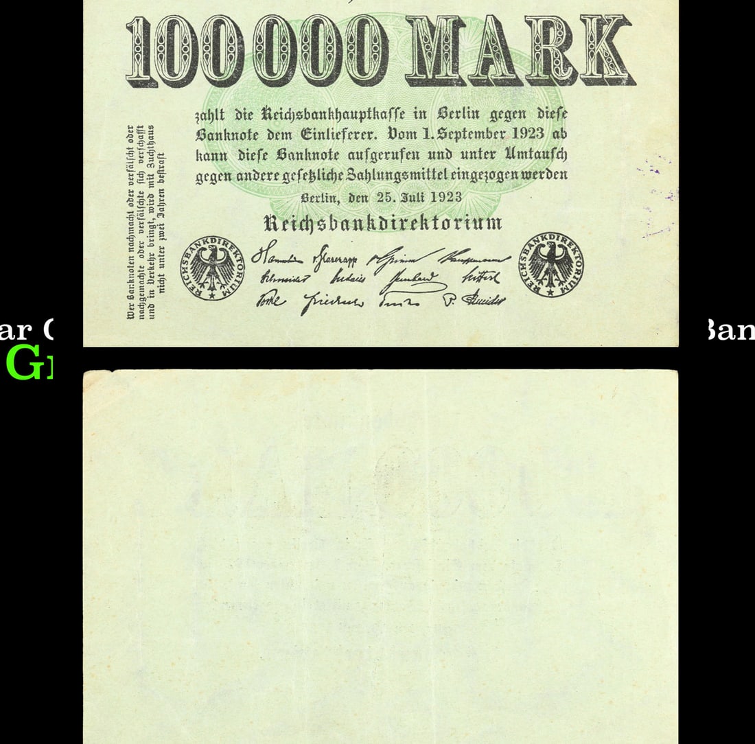 1923 Weimar Germany 100,000 Marks Hyperinflation Banknote P# 91a Select AU (1 of 3)