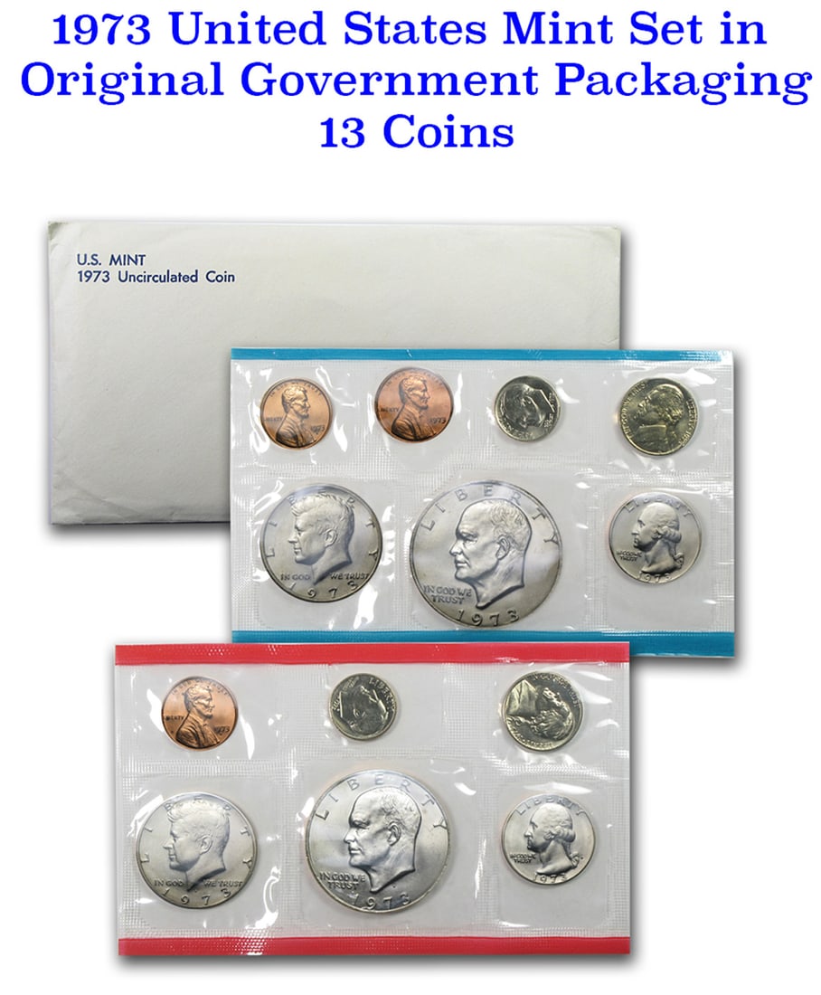 1973 U.S. Mint Set Original Government Packaging 13 coins: 1973 U.S. Mint Set Original Government Packaging 13 coins. Contains both the entire Philadelphia and Denver Issues for 1973. In the original government packaging with the envelope.