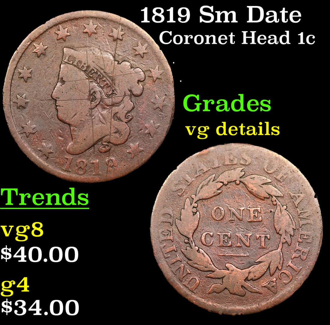 1819 Sm Date Coronet Head Large Cent 1c Grades vg details (1 of 3)