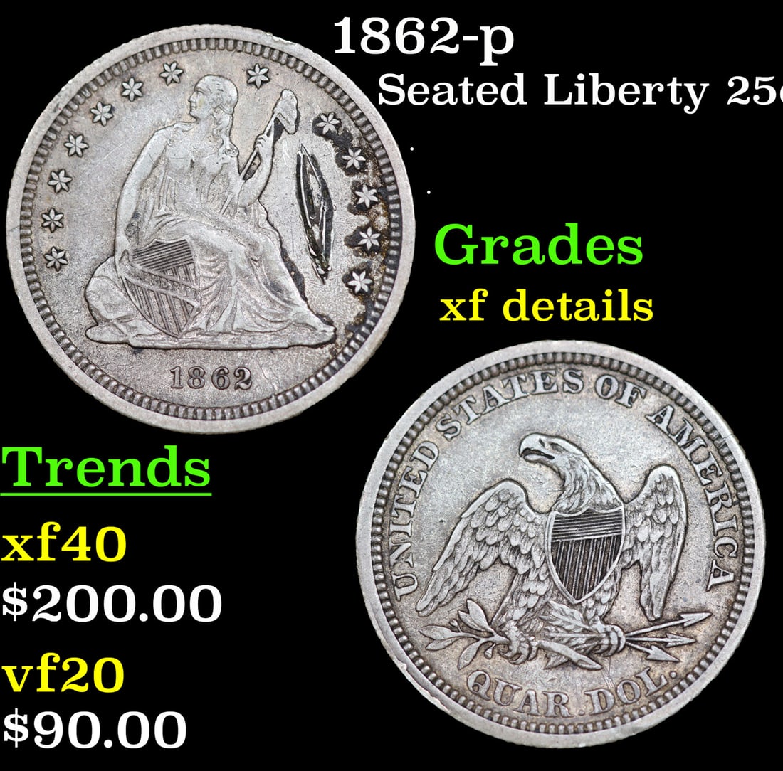 1862-p Seated Liberty Quarter 25c Grades xf details (1 of 3)