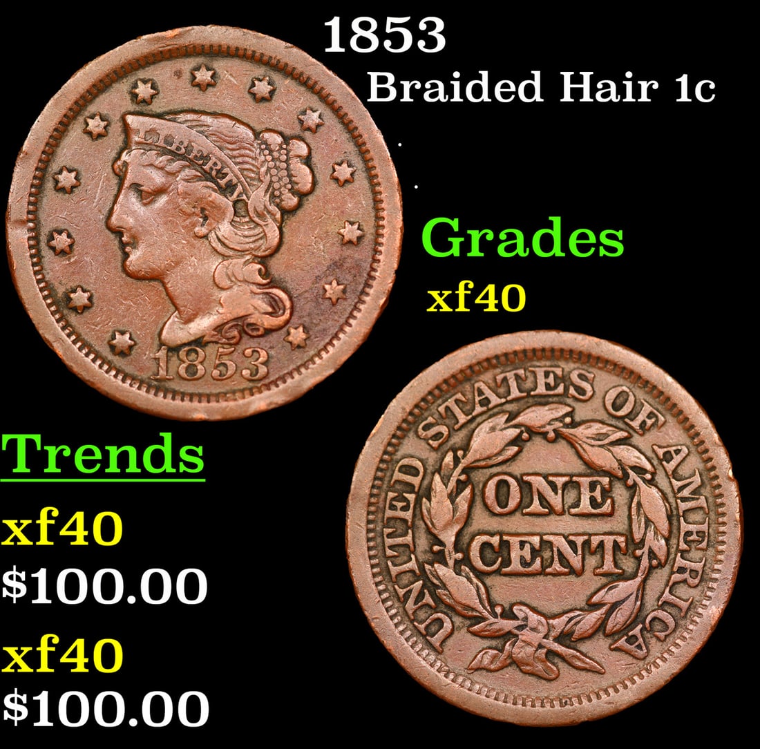 1853 Braided Hair Large Cent 1c Grades xf (1 of 3)