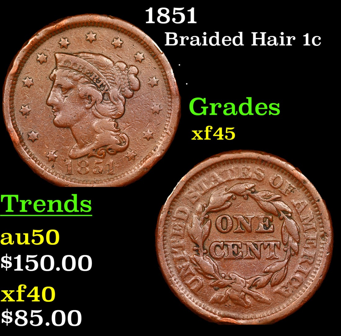 1851 Braided Hair Large Cent 1c Grades xf+ (1 of 3)