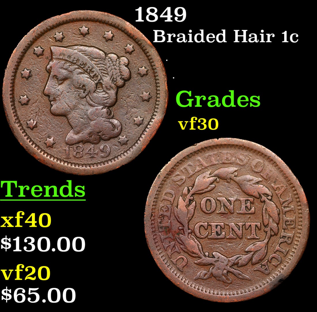 1849 Braided Hair Large Cent 1c Grades vf++ (1 of 3)