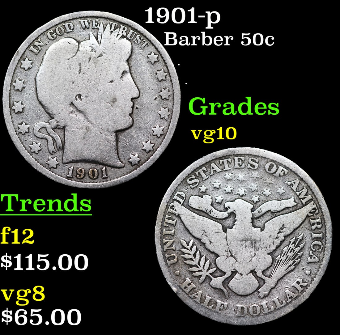 1901-p Barber Half Dollars 50c Grades vg+ (1 of 3)