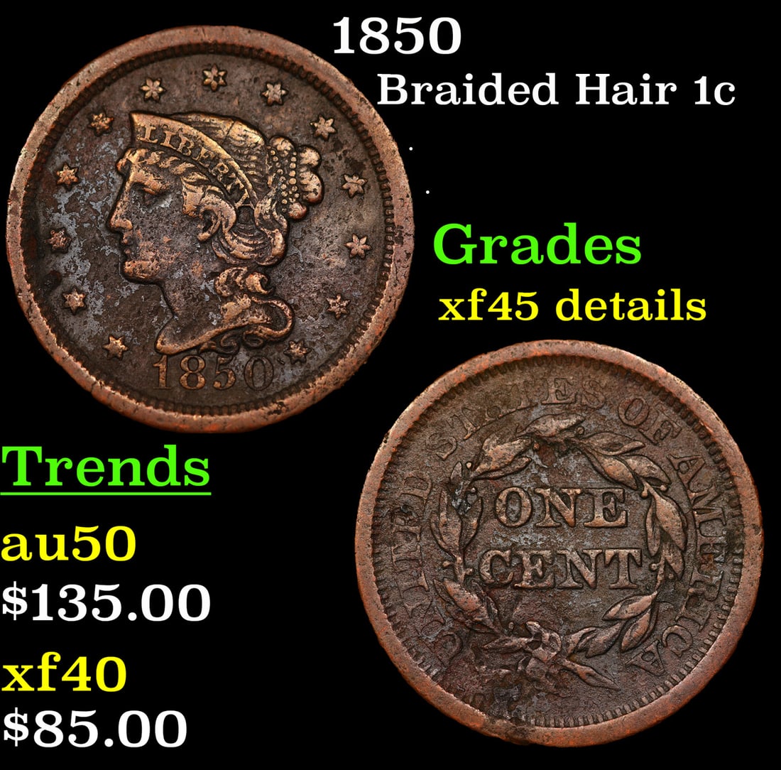 1850 Braided Hair Large Cent 1c Grades xf Details (1 of 3)