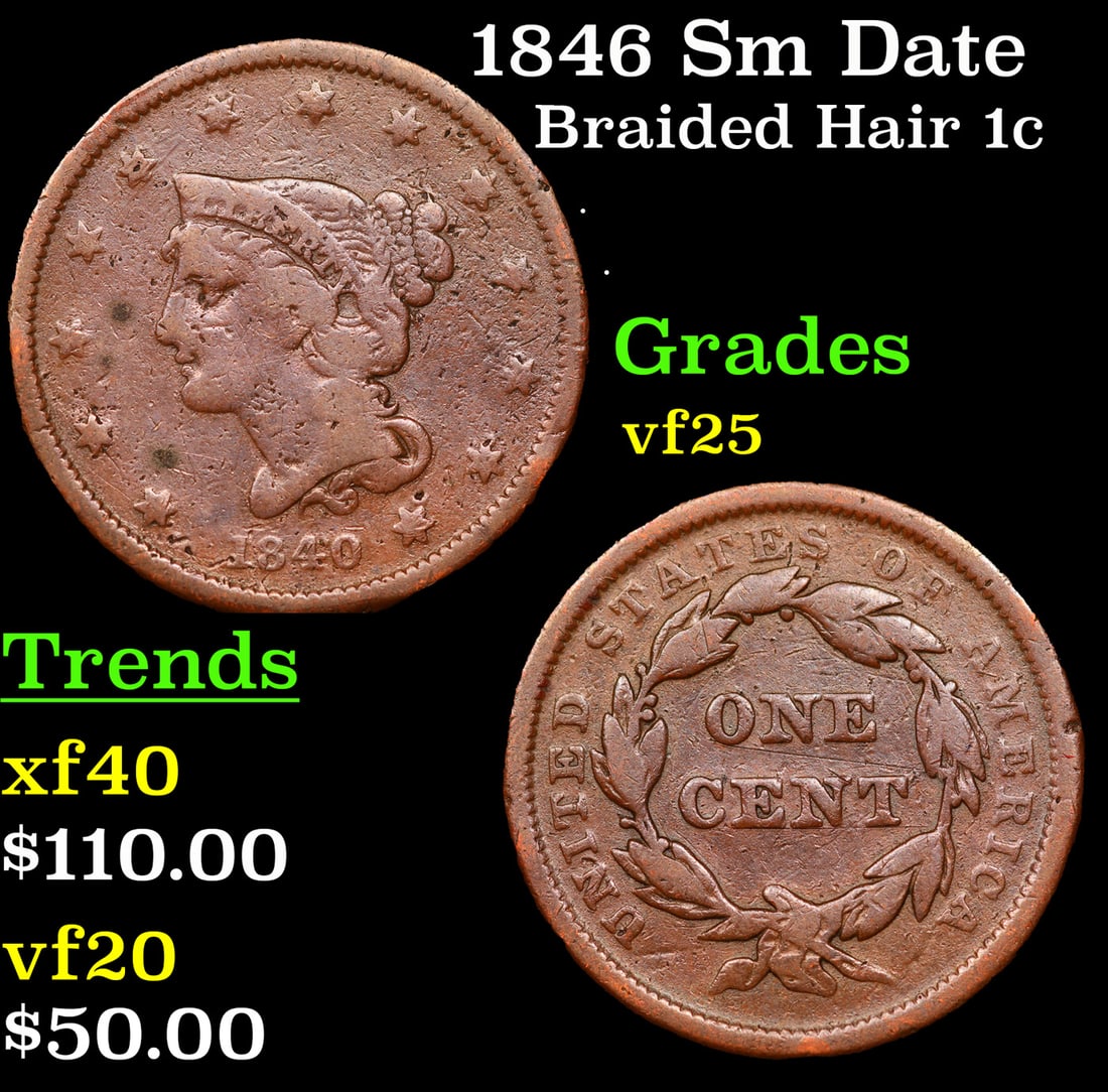 1840 Sm Date Braided Hair Large Cent 1c Grades vf+ (1 of 3)