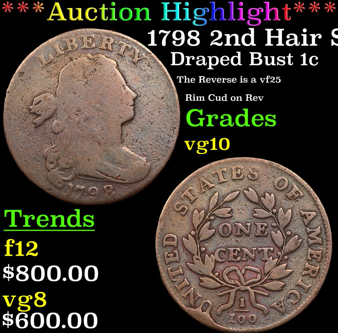 ***Auction Highlight*** 1798 2nd Hair Draped Bust Large Cent S-175 1c Graded vg10 BY SEGS (fc) (1 of 5)