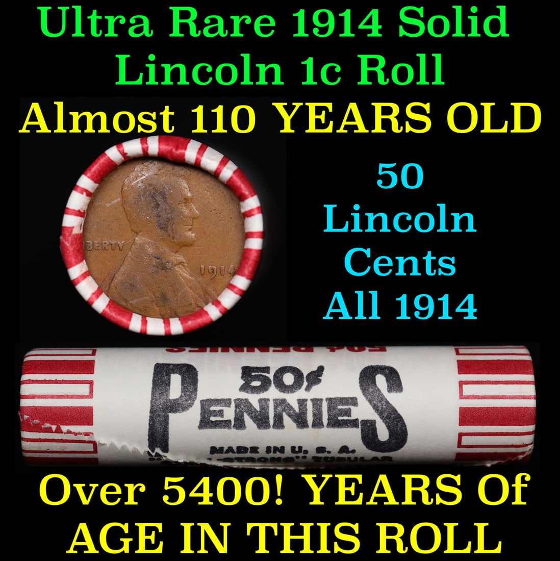 Shotgun Lincoln 1c roll, 1914-p 50 pcs Bank Wrapper 50c Over 100 Years Old WOW! (1 of 2)