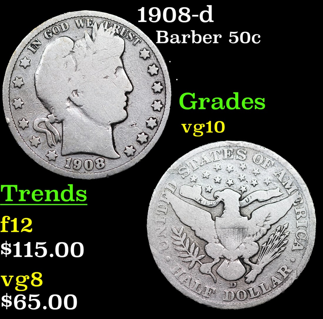 1908-d Barber Half Dollars 50c Grades vg+ (1 of 3)