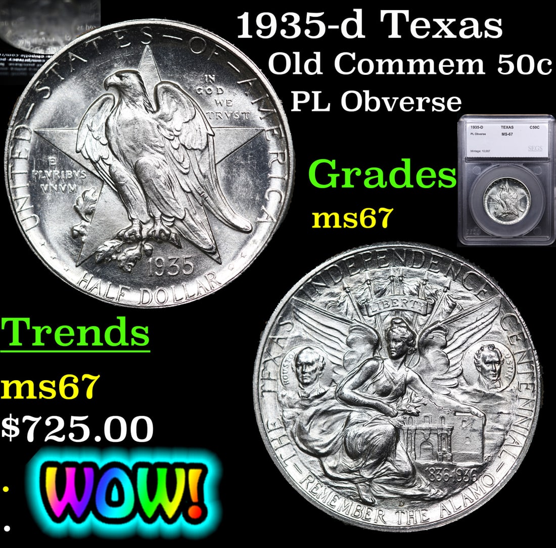 1935-d Texas Old Commem Half Dollar 50c Graded ms67 BY SEGS (1 of 6)