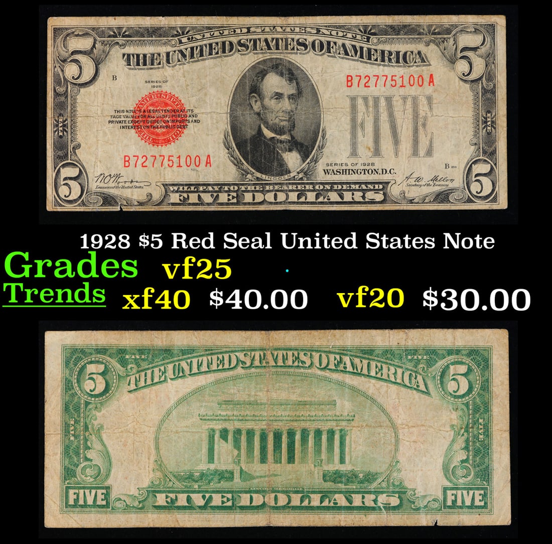 1928 $5 Red Seal United States Note Grades vf+ (1 of 3)