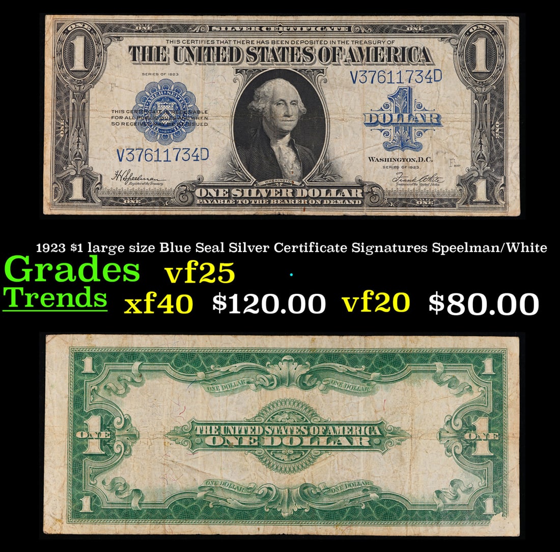 1923 $1 large size Blue Seal Silver Certificate Grades vf+ Signatures Speelman/White: 1923 $1 large size Blue Seal Silver Certificate Grades vf+ Signatures Speelman/White. Fr-237 The term “horse blanket” gets used a lot when talking about large size currency. It is most frequen