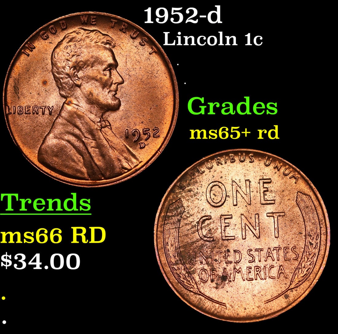 1952-d Lincoln Cent 1c Grades Gem+ Unc RD (1 of 3)