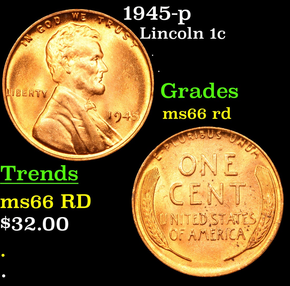 1945-p Lincoln Cent 1c Grades GEM+ Unc RD: 1945-p Lincoln Cent 1c Grades GEM+ Unc RD.