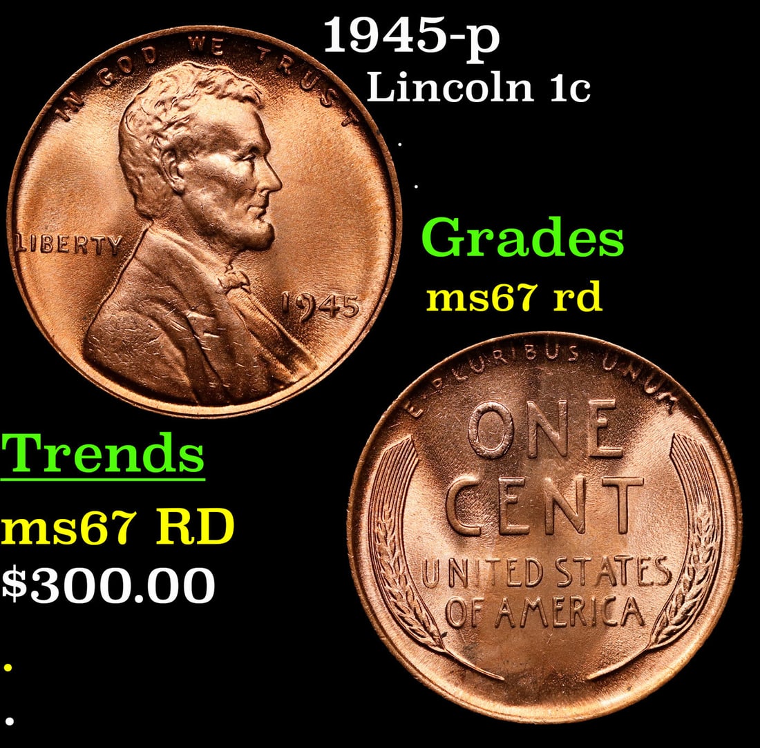 1945-p Lincoln Cent 1c Grades GEM++ Unc RD: 1945-p Lincoln Cent 1c Grades GEM++ Unc RD.