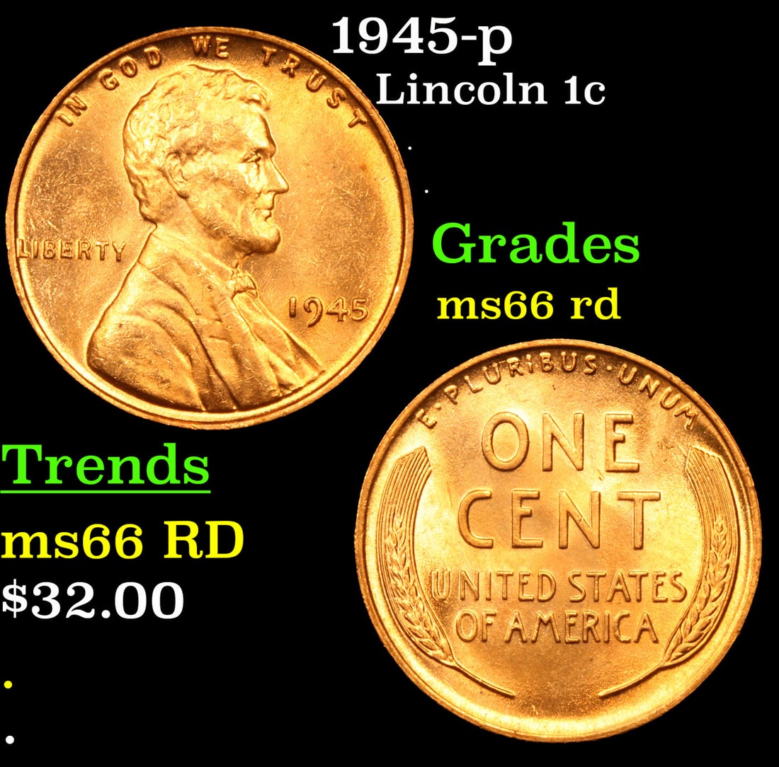 1945-p Lincoln Cent 1c Grades GEM+ Unc RD: 1945-p Lincoln Cent 1c Grades GEM+ Unc RD.
