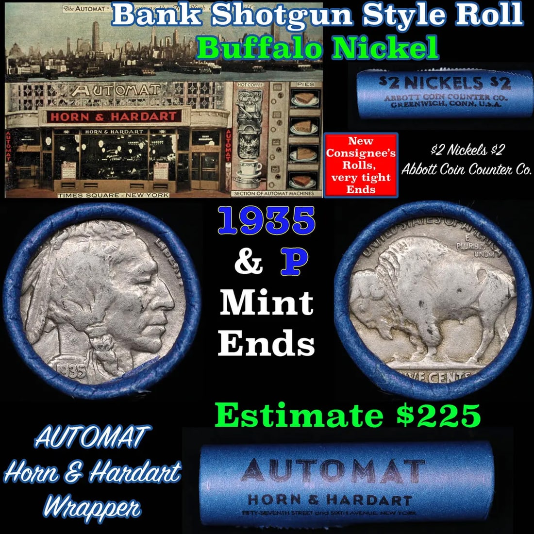 Buffalo Nickel Shotgun Roll in Old Bank Style 'Abbott Coin Counter & Automat' Wrapper 1935 & p Mint (1 of 1)