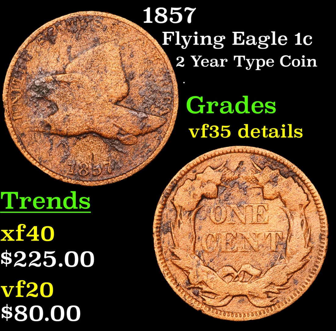 1857 Flying Eagle Cent 1c Grades VF Details (1 of 3)