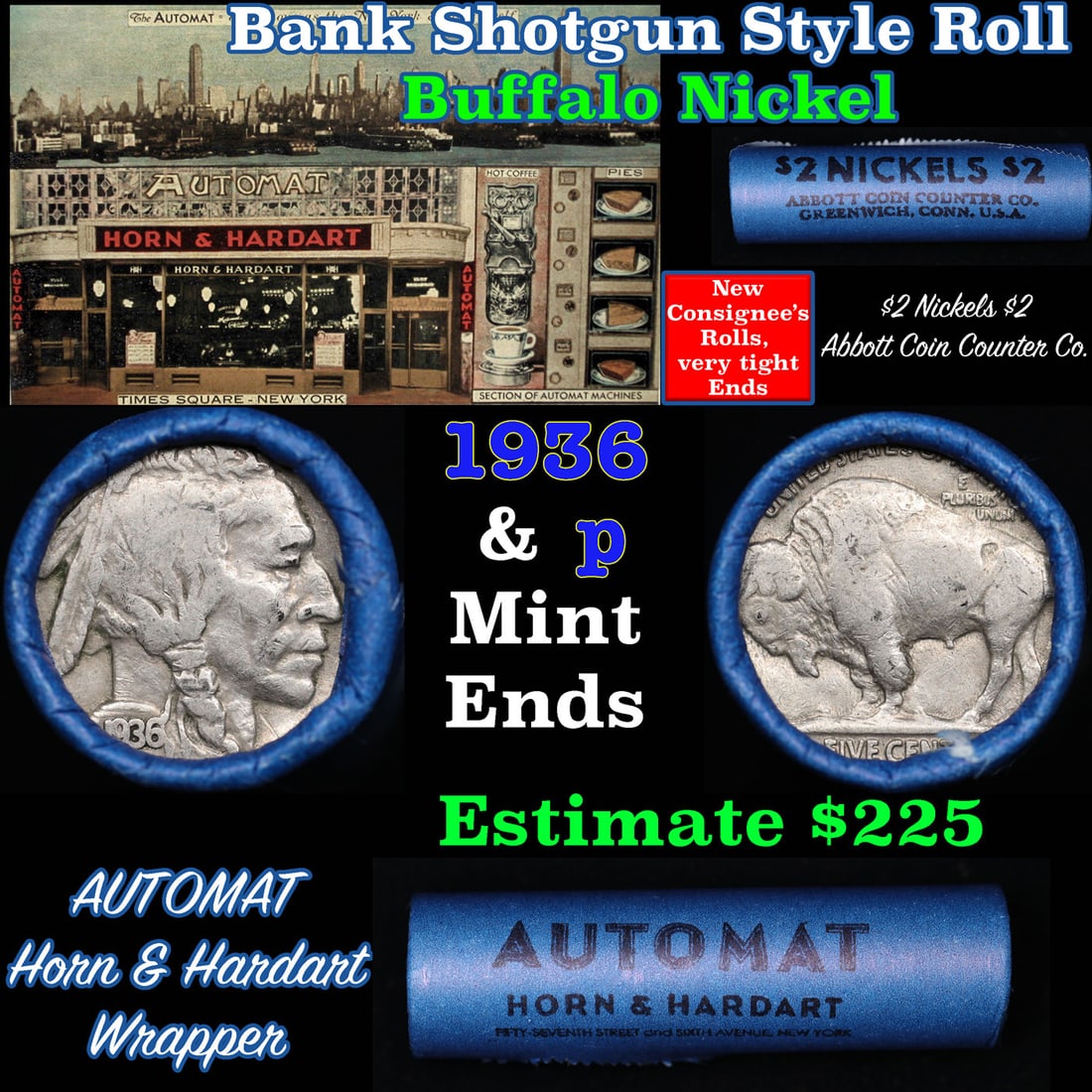 Buffalo Nickel Shotgun Roll in Old Bank Style 'Abbott Coin Counter & Automat' Wrapper 1936 & p Mint (1 of 3)