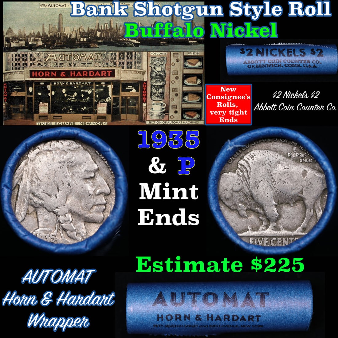 Buffalo Nickel Shotgun Roll in Old Bank Style 'Abbott Coin Counter & Automat' Wrapper 1935 & P Mint (1 of 3)