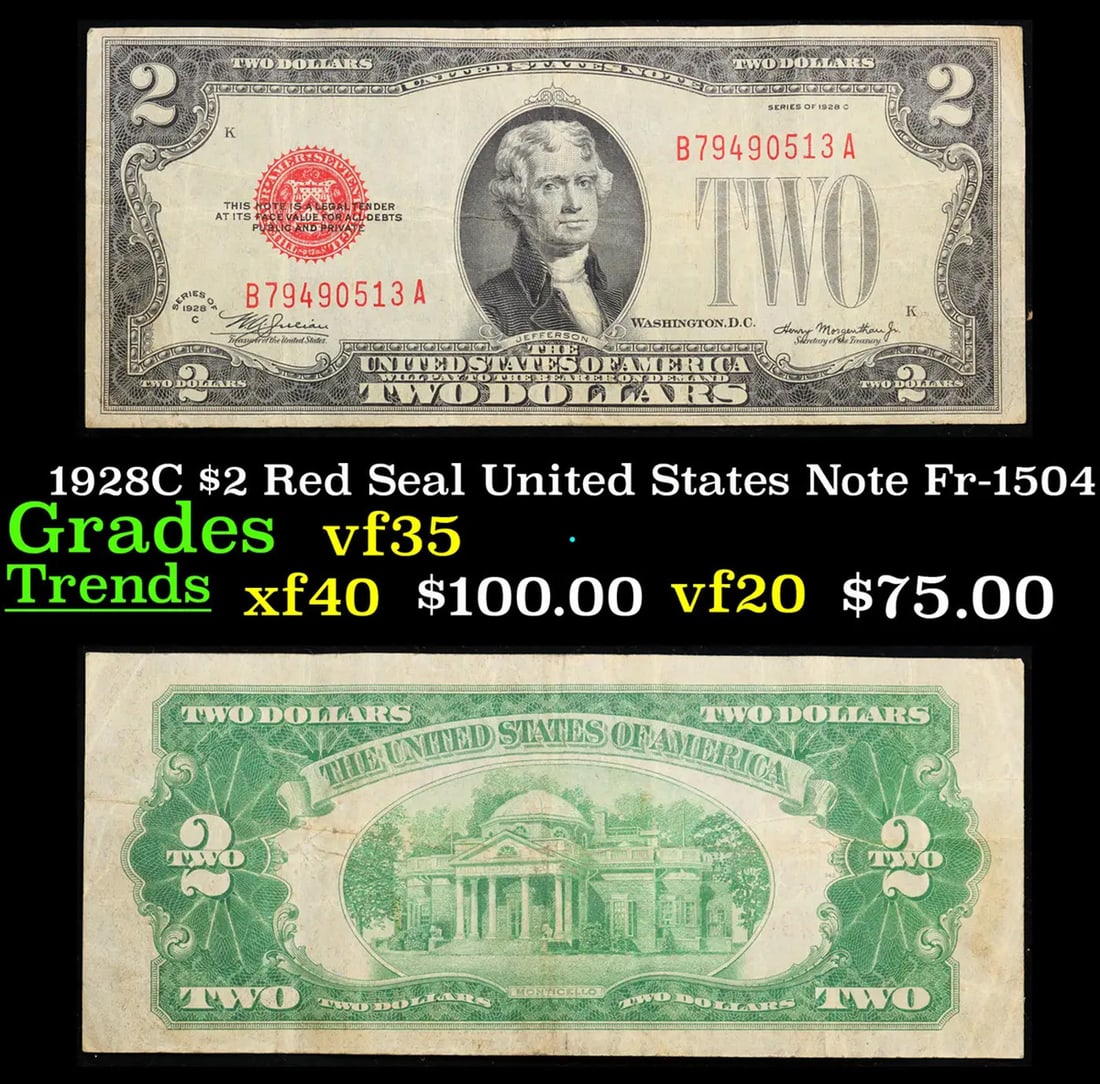 1928C $2 Red Seal United States Note Fr-1504 Grades vf++ (1 of 3)