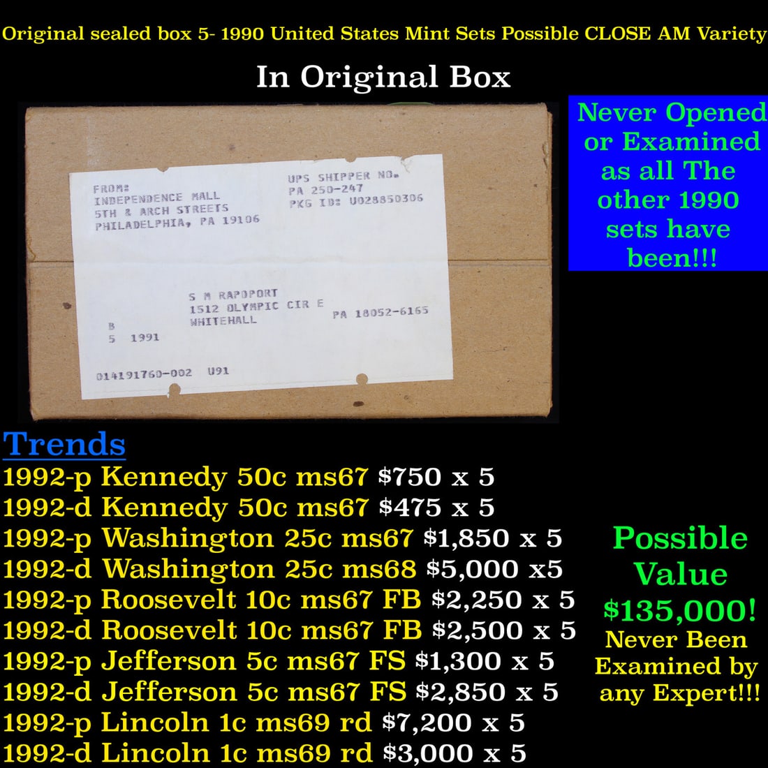 Original sealed box 5- 1991 United States Mint Sets: Original sealed box 5- 1991 United States Mint Sets. Up for Auction is an Unopened Mailer Box from 1991 containing 5 1991 Mint Sets!!!! Wow! - This Mailer Box is sealed exactly as it left the mint ove
