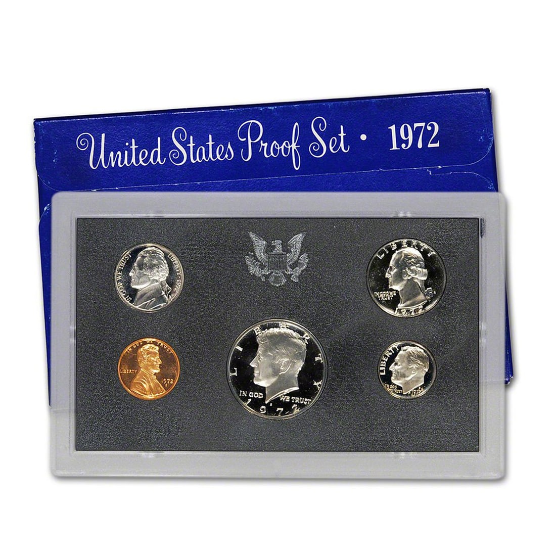 1972 United States Proof Set, 5 Coins Inside!: 1972 United States Proof Set, 5 Coins Inside!. Original packaging: The individual coins of the 1972-S Proof Set were placed into holes in a black plastic insert, then sealed in a two-piece, clear plas
