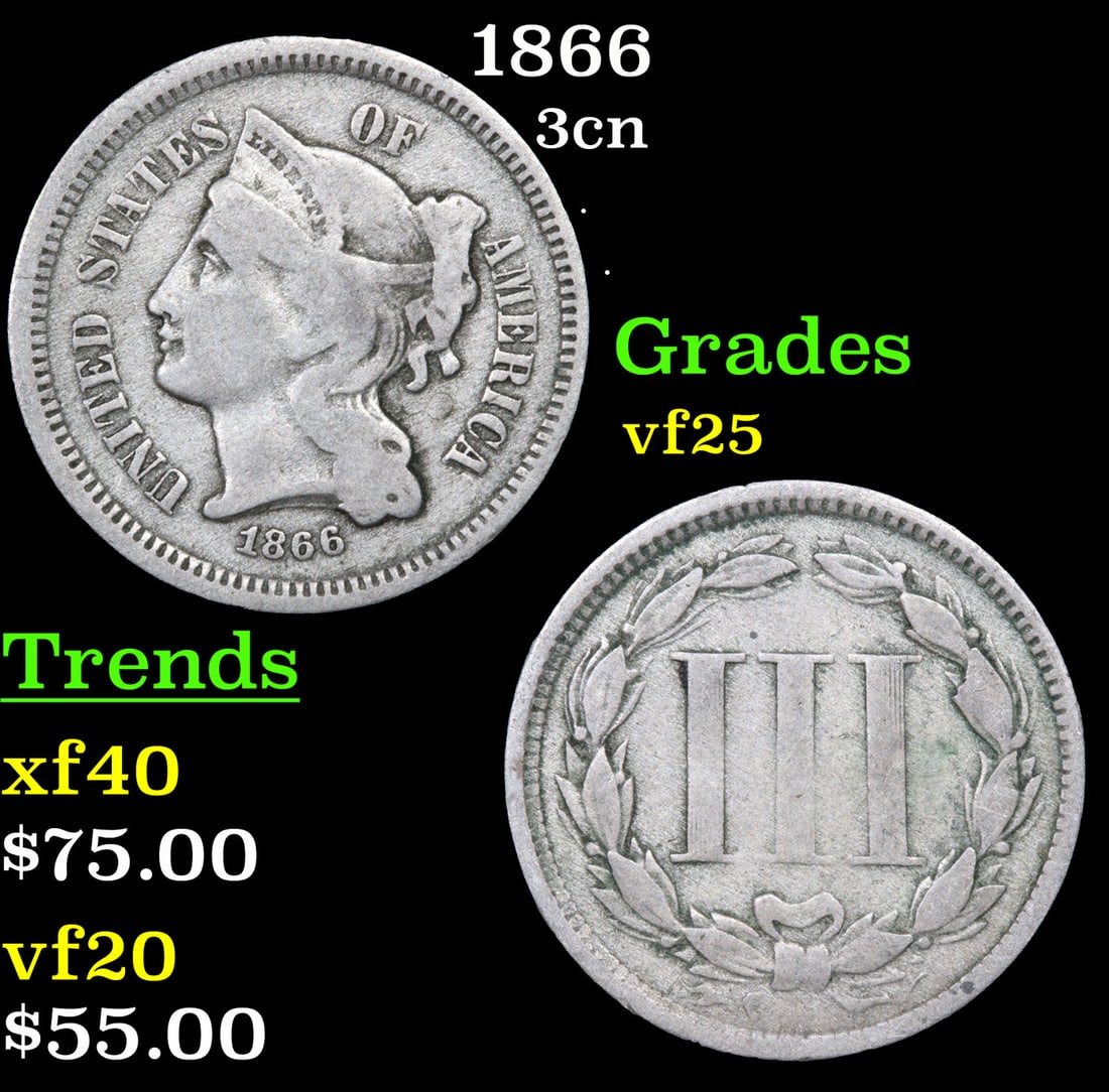 1866 Three Cent Copper Nickel 3cn Grades vf+ (1 of 3)