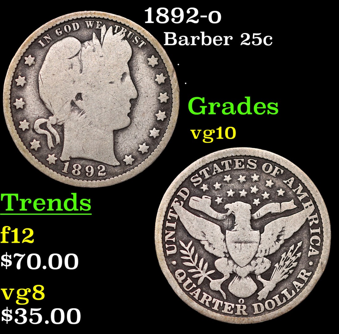 1892-o Barber Quarter 25c Grades vg+ (1 of 3)