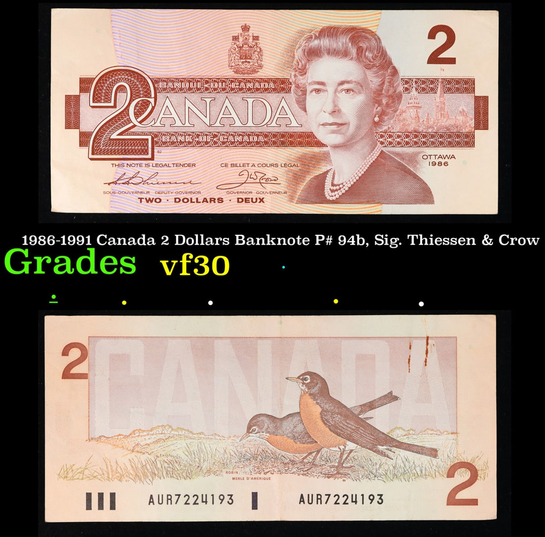1986-1991 Canada 2 Dollars Banknote P# 94b, Sig. Thiessen & Crow Grades vf++ (1 of 3)
