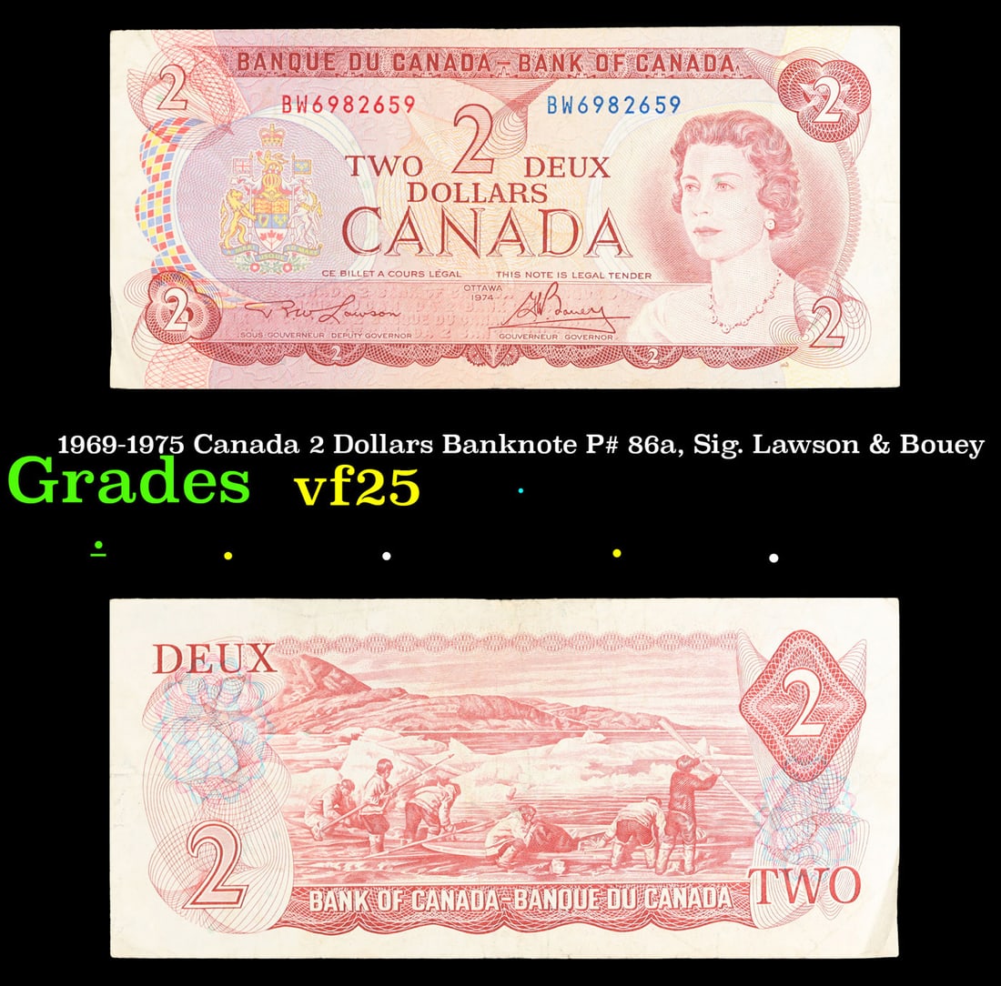 1969-1975 Canada 2 Dollars Banknote P# 86a, Sig. Lawson & Bouey Grades vf+ (1 of 3)