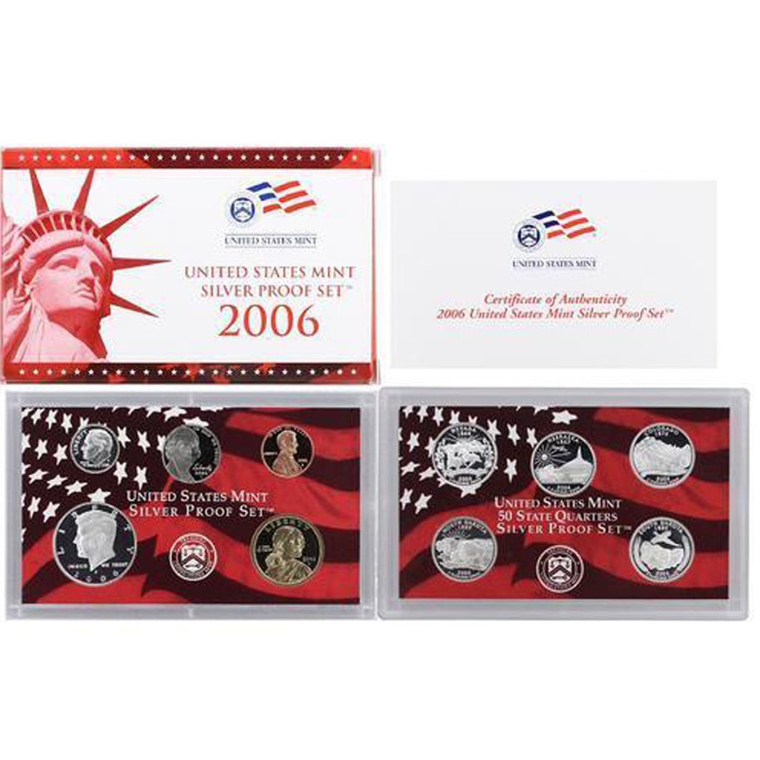2006 United States Silver Proof Set - 10 pc set, about 1 1/2 ounces of pure silver: 2006 United States Silver Proof Set - 10 pc set, about 1 1/2 ounces of pure silver. The Set contains 5 90% Silver Proof State Quarters, a 90% Silver Proof Half Dollar, a 90% Silver Proof Dime, as well