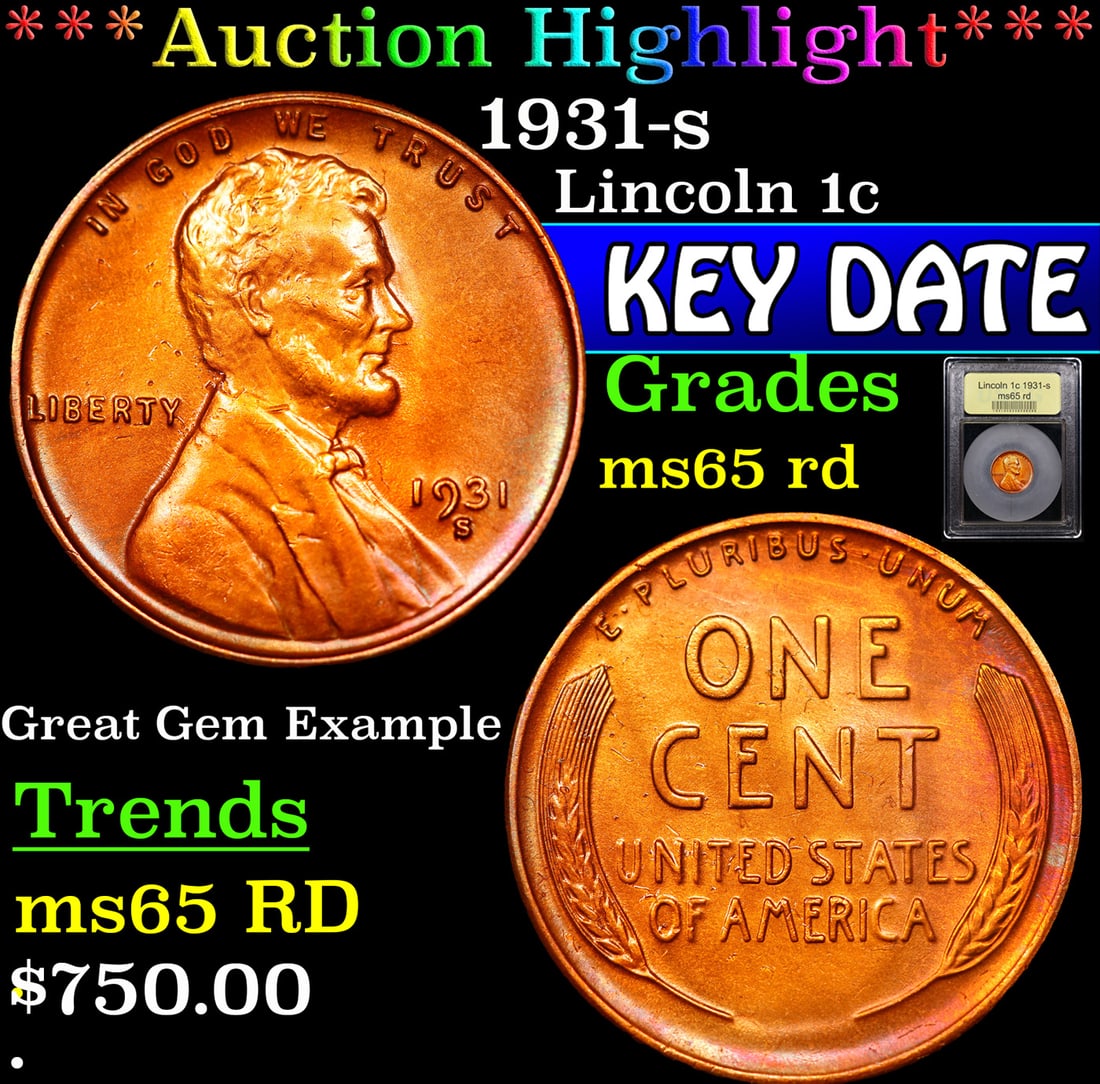 ***Auction Highlight*** 1931-s Lincoln Cent 1c Graded GEM Unc RD BY USCG (fc) (1 of 5)
