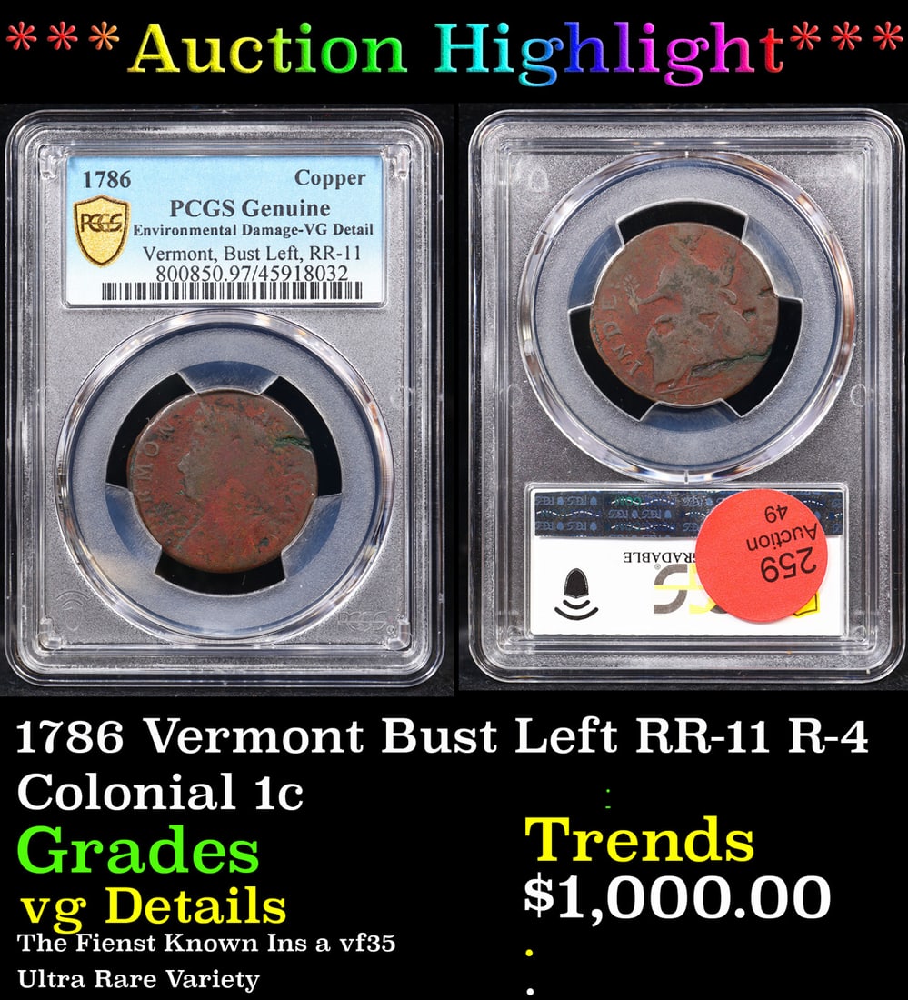 PCGS 1786 Vermont Bust Left RR-11 R-4 Colonial Cent 1c Graded vg Details BY PCGS (1 of 3)