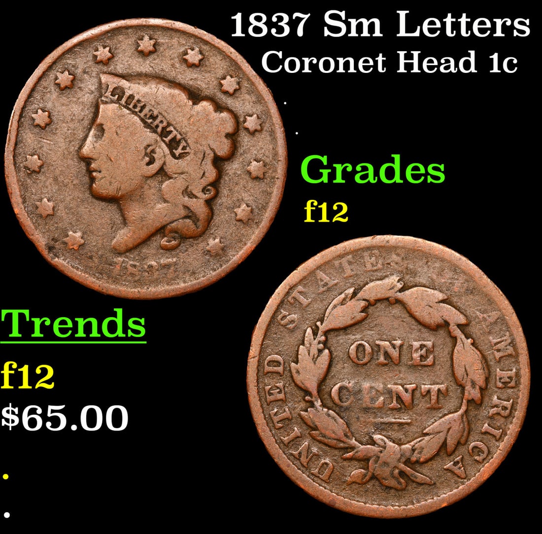 1837 Sm Letters Coronet Head Large Cent 1c Grades f, fine (1 of 3)