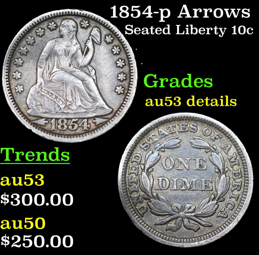 1854-p Arrows Seated Liberty Dime 10c Grades AU Details: 1854-p Arrows Seated Liberty Dime 10c Grades AU Details.