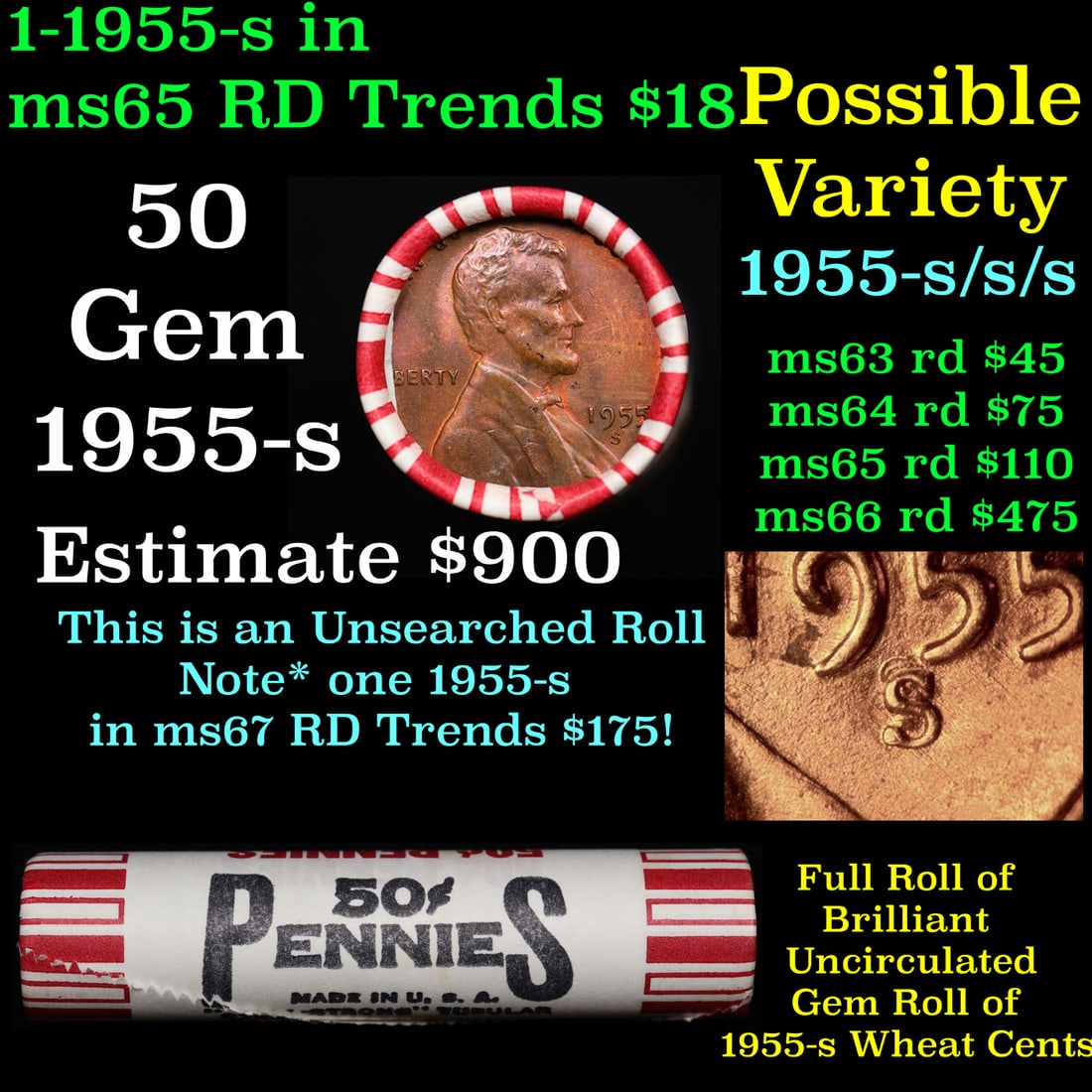 BU Shotgun Lincoln 1c roll, 1955-s 50 pcs Bank Wrapper: BU Shotgun Lincoln 1c roll, 1955-s 50 pcs Bank Wrapper. A terrific Shotgun roll of Lincoln cents in a Brooklyn Steel Pier Arcade wrapper. Most if not all coins should be cherry red.