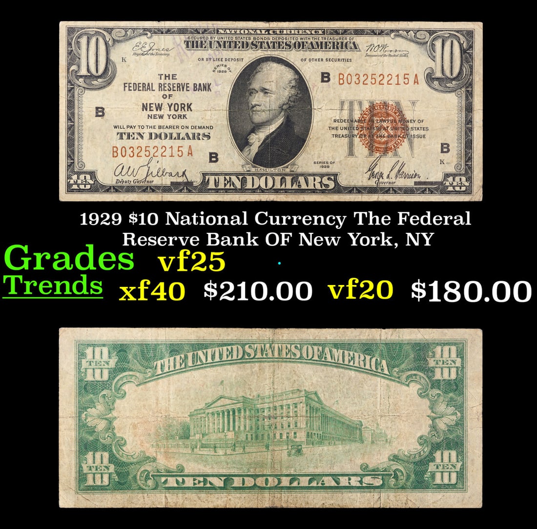 1929 $10 National Currency The Federal Reserve Bank OF New York, NY Grades vf+ (1 of 3)