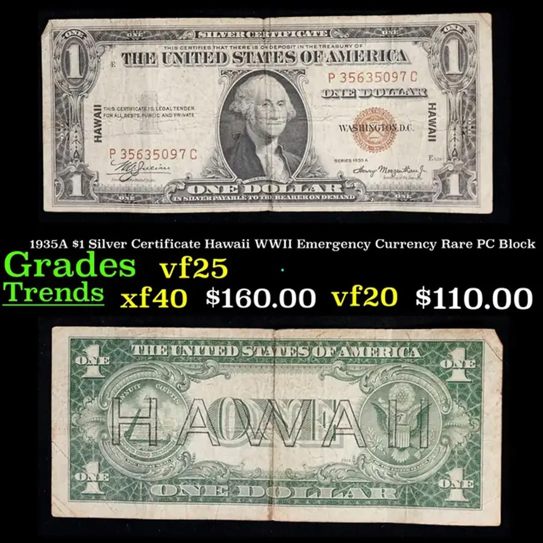 1935A $1 Silver Certificate Hawaii WWII Emergency Currency Rare PC Block Grades vf+ (1 of 3)