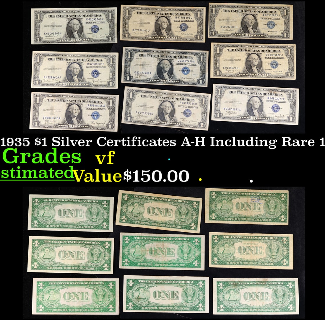 Complete Set of 9x 1935 $1 Silver Certificates A-H Including Rare 1935 Double Date Note Grades VF (1 of 3)
