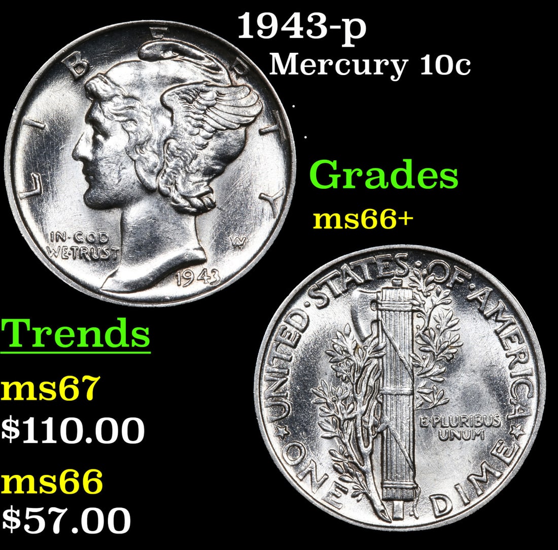 1943-p Mercury Dime 10c Grades GEM++ Unc (1 of 3)