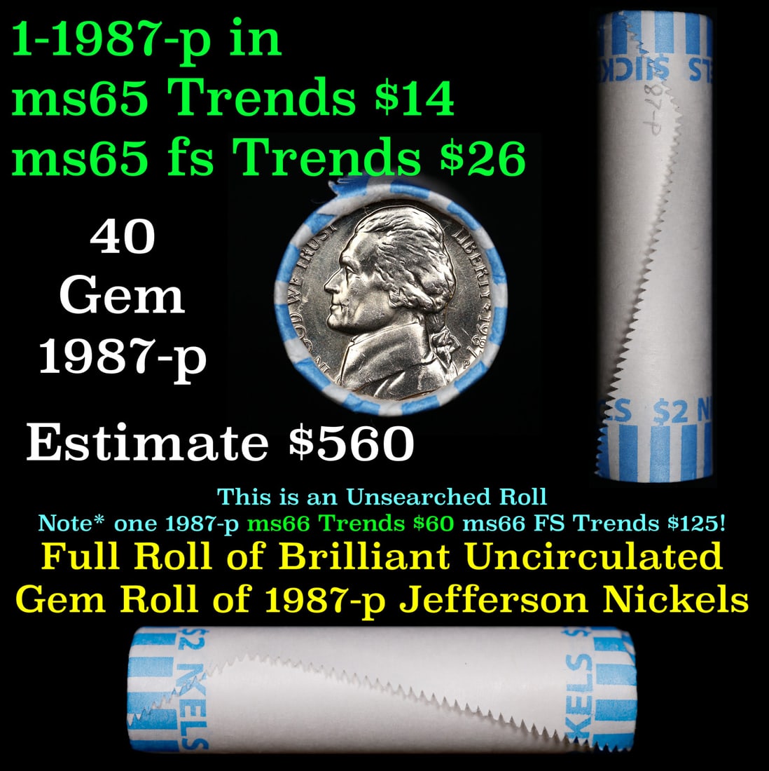 Shotgun Jefferson 5c roll, 1987-p 40 pcs Bank Wrapper: Shotgun Jefferson 5c roll, 1987-p 40 pcs Bank Wrapper. A terrific Shotgun roll of unsearched Jefferson nickles. Most if not all coins should be gem or better
