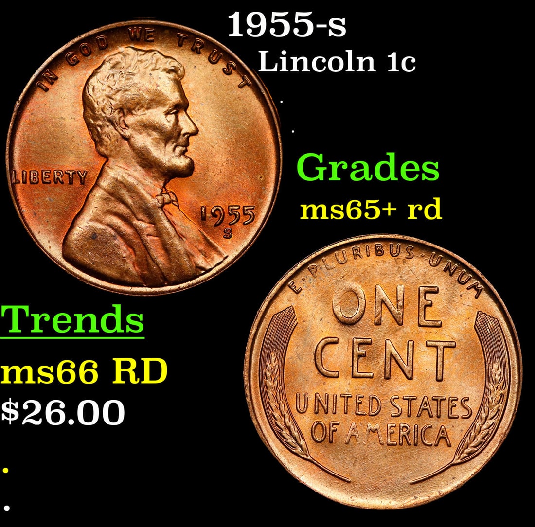 1955-s Lincoln Cent 1c Grades Gem+ Unc RD (1 of 3)