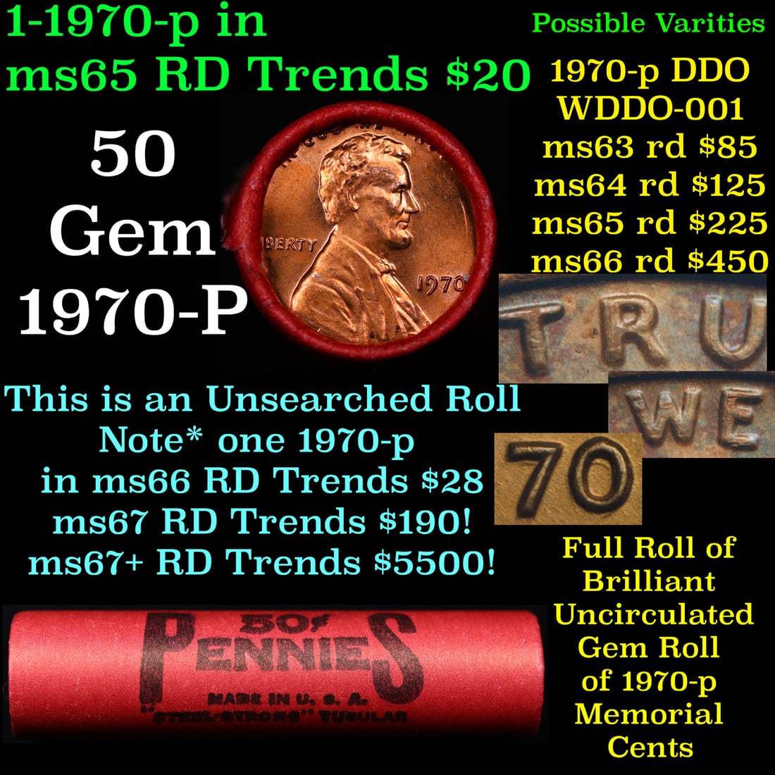 Shotgun Lincoln 1c roll, 1970-p 50 pcs Steel Strong Wrapper.: Shotgun Lincoln 1c roll, 1970-p 50 pcs Steel Strong Wrapper.. A terrific Shotgun roll of Lincoln cents. Most if not all coin should be cherry red.