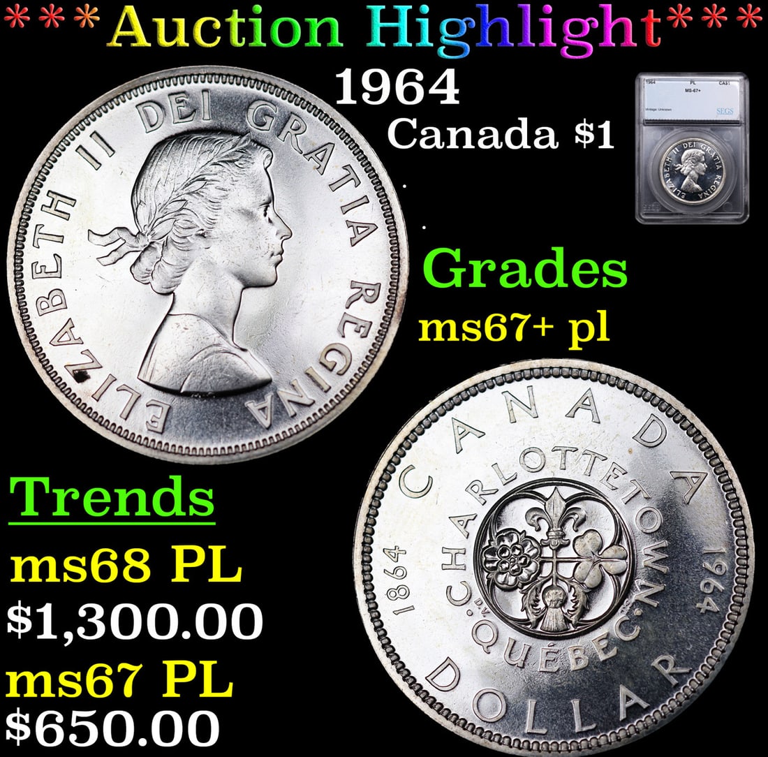 ***Auction Highlight*** 1964 Canada Dollar $1 Graded ms67+ PL By SEGS (fc) (1 of 5)