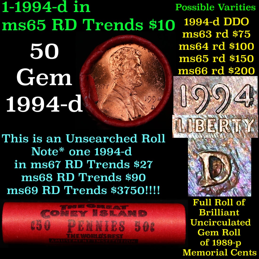 Shotgun Lincoln 1c roll, 1994-d 50 pcs Coney Island Wrapper.: Shotgun Lincoln 1c roll, 1994-d 50 pcs Coney Island Wrapper.. A terrific Shotgun roll of Lincoln cents. Most if not all coin should be cherry red.